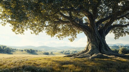 Fototapeta premium A single giant tree standing in an open meadow, its thick roots sprawling across the ground and its expansive branches providing shade on a sunny day.