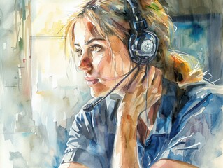 Watercolor painting of call center woman wearing headphones serving customers.