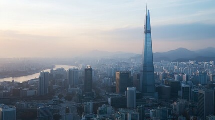 Obraz premium A skyline shot of Seouls financial district, with high-rise buildings and corporate offices symbolizing Koreas economic strength and industrial power.