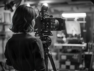 Filmmaker Operating a Professional Camera on Set