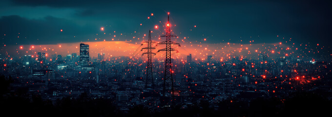 Fototapeta premium High voltage electric power lines station with sunset sky background.