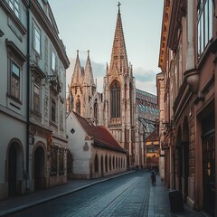 Obraz premium Baroque church with towering spires, elaborate stucco decorations, and stained glass windows reflecting soft light onto the polished stone streets below
