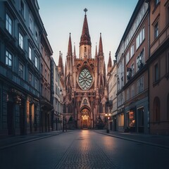 Fototapeta premium Baroque church with towering spires, elaborate stucco decorations, and stained glass windows reflecting soft light onto the polished stone streets below