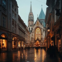 Baroque church with towering spires, elaborate stucco decorations, and stained glass windows reflecting soft light onto the polished stone streets below