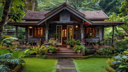 A charming bungalow with a wraparound porch surrounded by lush greenery







