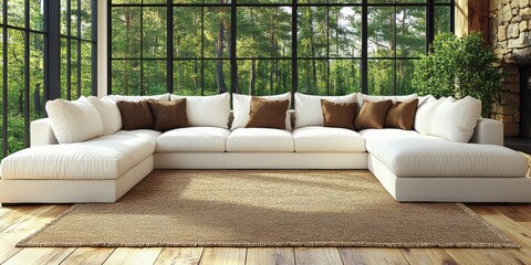 Fototapeta premium A spacious living room with a large white sectional sofa, brown throw pillows, and a natural fiber rug placed on a wood floor in front of a floor-to-ceiling window overlooking a lush green forest.