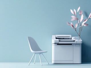 White Printer and Chair in a Blue Office - Powered by Adobe