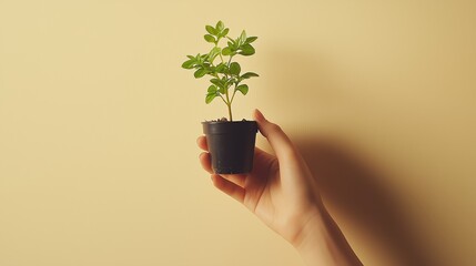 Minimalist Hand Holding Small Potted Plant