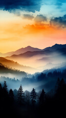 Illustration, soft sunset over mountain peaks creates a sense of peace and harmony, delicate shades of pink, orange and purple form a picturesque picture, light forest waves complement the scene