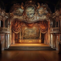 Fototapeta premium Classical Baroque theater stage set for a dramatic performance, with velvet curtains, elaborate goldleaf details, and actors in 17thcentury attire Warm, nostalgic ambiance