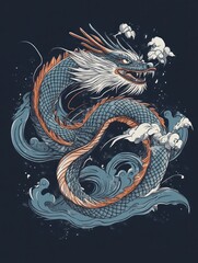 A fierce blue dragon with white beard, red eyes and orange scales emerging from the ocean waves with white clouds and a dark blue background.