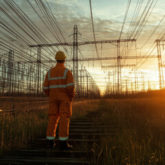 Engineer standing at high voltage transmission power station.