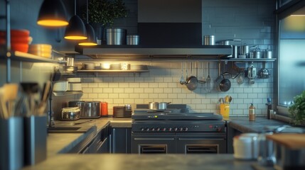 beautifully organized modern kitchen with stainless steel cookware, utensils, and shelves filled with dishes and appliances, creating a warm and functional cooking space.