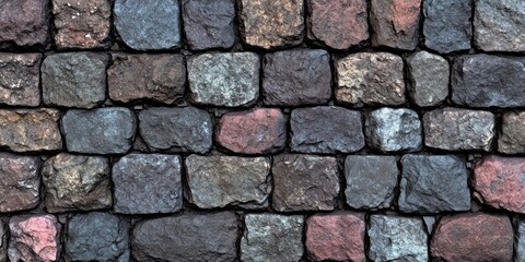 Fototapeta premium A Close-Up View of a Rough Stone Wall, Showing the Uneven Texture and Diverse Colors of the Stones, Creating a Visual Tapestry of Nature's Craft.