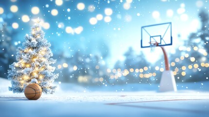 Christmas tree and basketball court in snow with lights