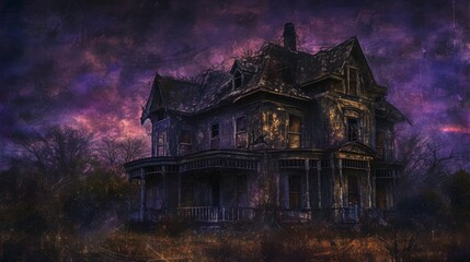 Obraz premium A decaying Victorian mansion stands ominously against a dark purple sky, its haunted and eerie appearance perfect for evoking feelings of horror and suspense. Ideal for haunted house or horror-themed