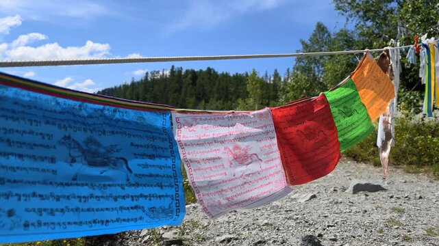 Video of Religious tibetan buddhist prayer flags in Altai mountains.