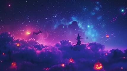 A witch flies across a starry sky filled with glowing jack-o'-lanterns, surrounded by bats. A mystical and magical Halloween-themed illustration set in the clouds at night.