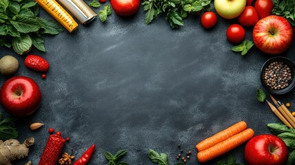 A vibrant and colorful food frame with apples, carrots, tomatoes, peppers, and herbs on a dark textured background.