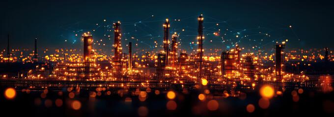 Petrochemical industry fuel factory zone with sunset sky background.