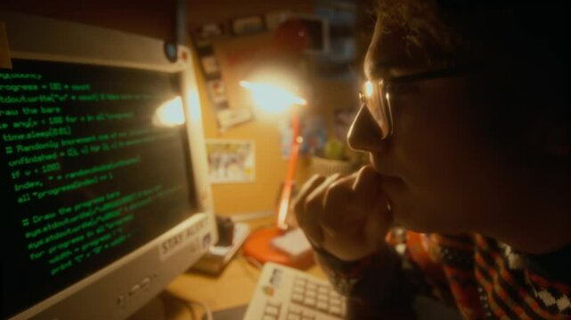 Side closeup shot of perplexed gen Y guy in glasses reading running green programming code on black screen of old retro computer in bedroom in evening, 90s
