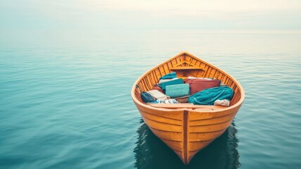 A serene wooden boat floats gently on calm water, surrounded by a tranquil atmosphere, perfect for relaxation and leisure.