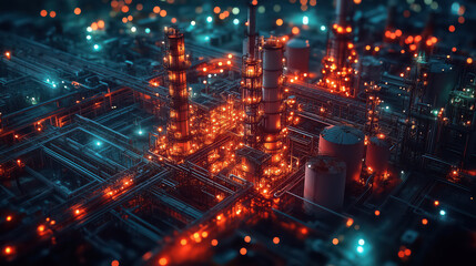 Fototapeta premium Petrochemical industry fuel factory zone with sunset sky background.