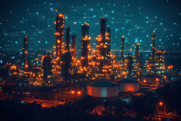Petrochemical industry fuel factory zone with sunset sky background.