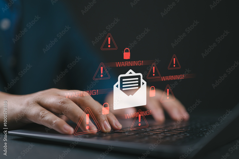 Poster spam email concept. person use laptop with virtual screen of spam email notification, warning notifi