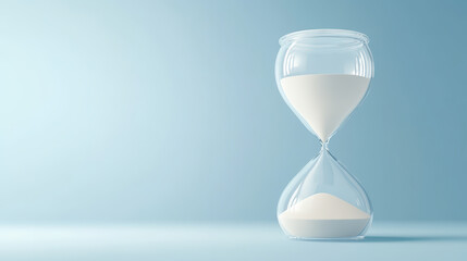 A glass hourglass with white sand is set against a soft blue background, symbolizing the passage of time in a calm and minimalist setting.