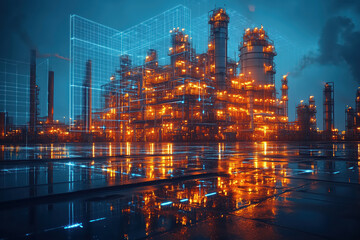Fototapeta premium Petrochemical industry fuel factory zone with sunset sky background.