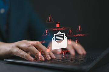 Spam email concept. Person use laptop with virtual screen of Spam email notification, warning...
