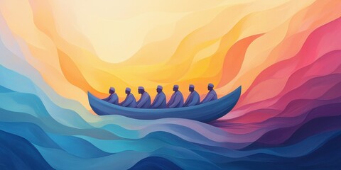 Fototapeta premium A vibrant illustration of a group in a boat, navigating through colorful waves and a dreamy sky, representing journey and unity.