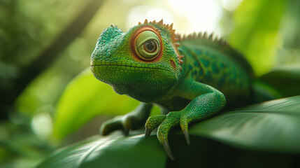 Obraz premium A vibrant green and blue lizard with red markings perches on a leaf, blending into its lush, tropical surroundings.