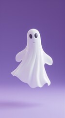 A charming 3D-rendered ghost figure with a sad expression, floating against a soft purple background. This whimsical design evokes a light-hearted Halloween spirit and is great for playful or child