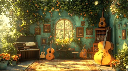 Obraz premium A cozy room filled with musical instruments, flowers, and a window overlooking a lush garden.