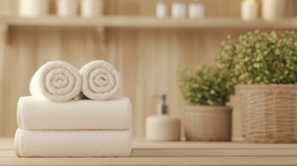 Neatly stacked white towels and rolled washcloths in a serene bathroom, accompanied by green potted plants and a soap dispenser, creating a relaxing spa ambiance.