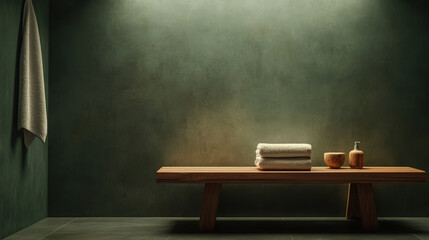 A minimalist bathroom scene featuring a wooden bench, neatly folded towels, and toiletries against a serene green wall with soft lighting.