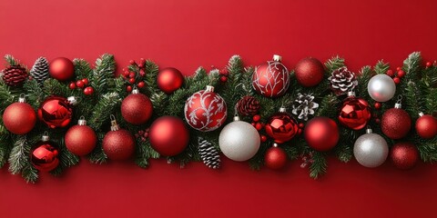 A Festive Garland of Red and Silver Christmas Ornaments Adorned with Pine Cones and Holly Berries on a Vibrant Red Background