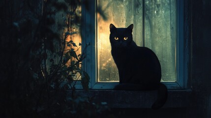 A black cat sitting on a windowsill at night, its eyes glowing against the dark surroundings, creating a mysterious mood.