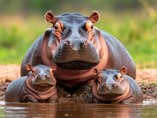 Fototapeta premium A family of hippos relaxes near water, showcasing their large bodies and unique features in a natural, serene environment.