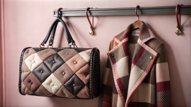 Vintage patchwork bag and coat hangs on a rustic wooden wall.This scene evokes a feeling of warmth and coziness,suitable for fall and winter home decor.