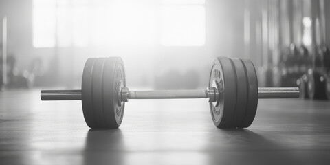 A heavily weighted barbell rests on the gym floor, bathed in the soft glow of sunlight streaming through the windows, ready for a challenging workout.