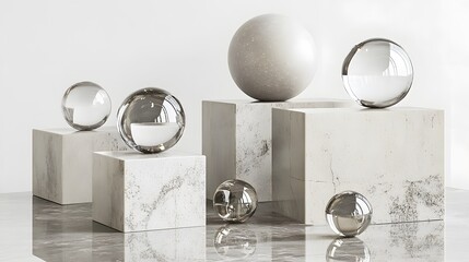 Concrete blocks, steel cubes, and glass orbs meticulously arranged on a sleek marble surface