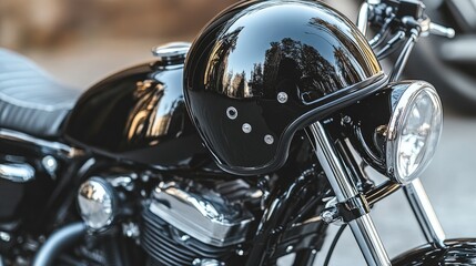 Obraz premium A black motorcycle helmet sitting on a polished chrome bike, ready for an adventure on the open road.
