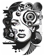 A woman's face with mechanical elements superimposed on it, representing the merging of technology and humanity.
