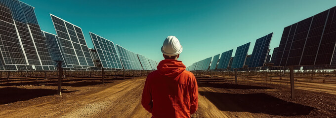 Engineer standing at Solar cell panel farm factory.