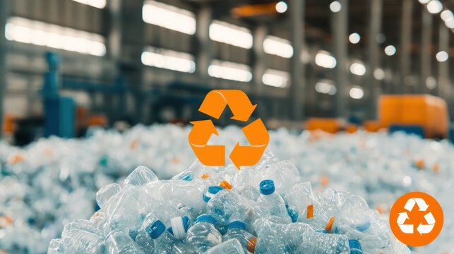 A recycling symbol overlays a large pile of plastic bottles in a warehouse, highlighting the importance of sustainable waste management. - Powered by Adobe