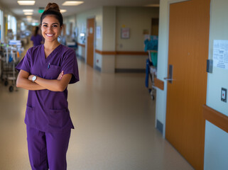 Smiling Latina nurse wearing purple scrubs in a bright and inviting hospital hallway