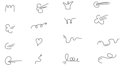 Line movement element, emotion effect decoration icon. Hand drawn doodle line element arrow, emphasis, wind, sparkle. Anime emotion, express shape, hearts, sets. banner, cover, poster. Vector illustra